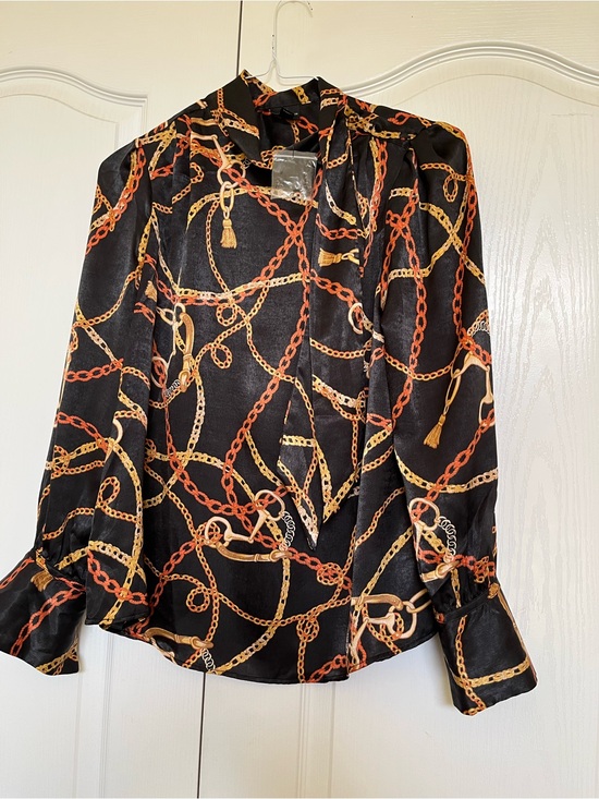 Worthington Tops - Worthington Black Satin Blouse with Gold & Rust Chain Print